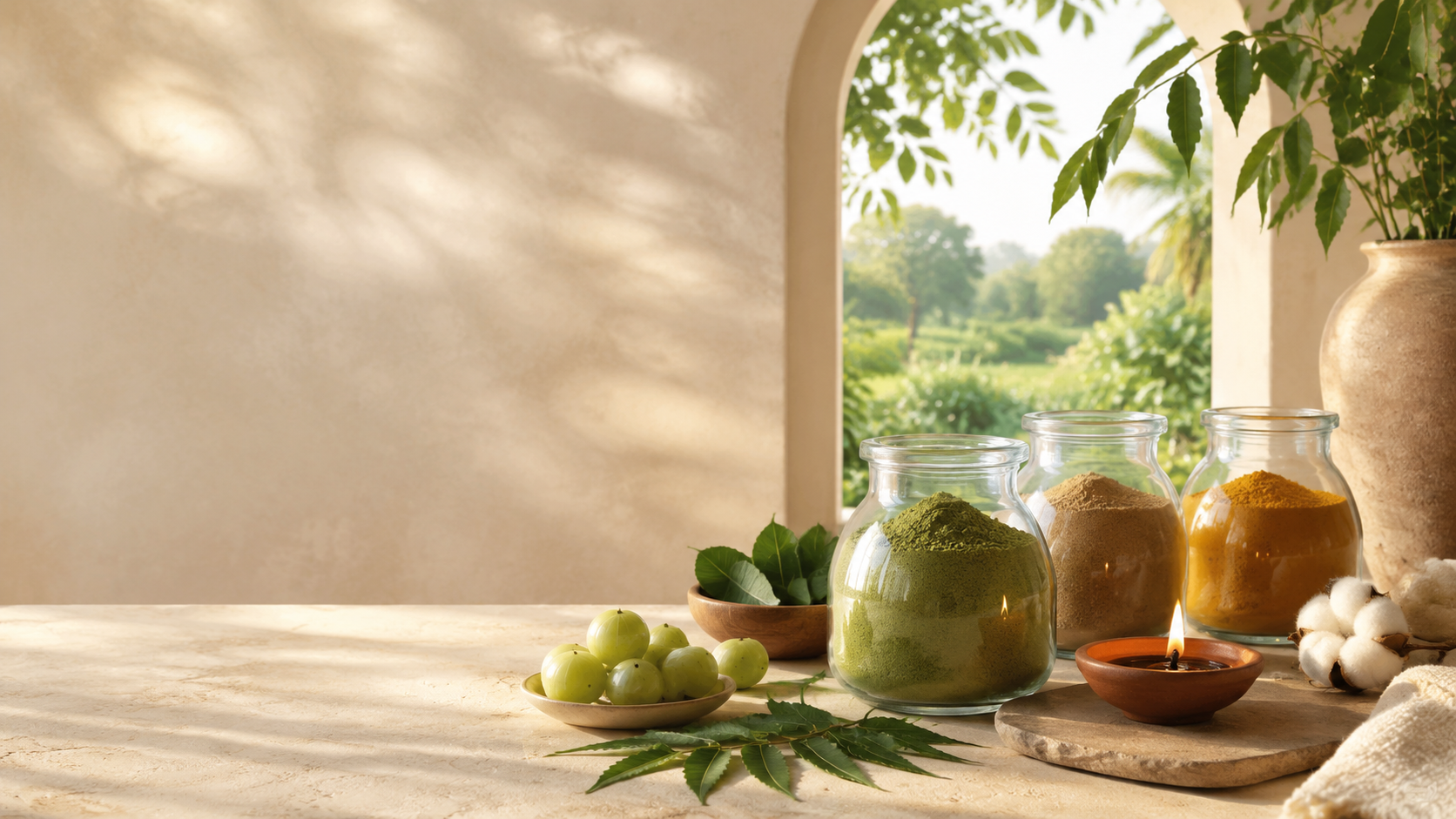 Natural herbs, amla and a diya in a sunlit organic studio